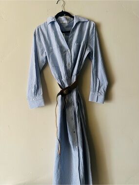 Zara Blue and White Striped Maxi Shirt Dress with Brown Belt